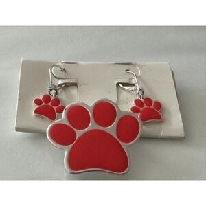 Red Paw Print Earrings & Necklace Pendant or Brooch Silver‎ Tone Women's Jewelry